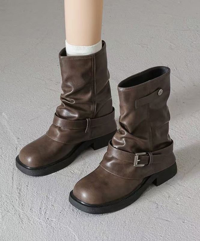 Brown Chunky Faux Leather Fashion Splicing Boots