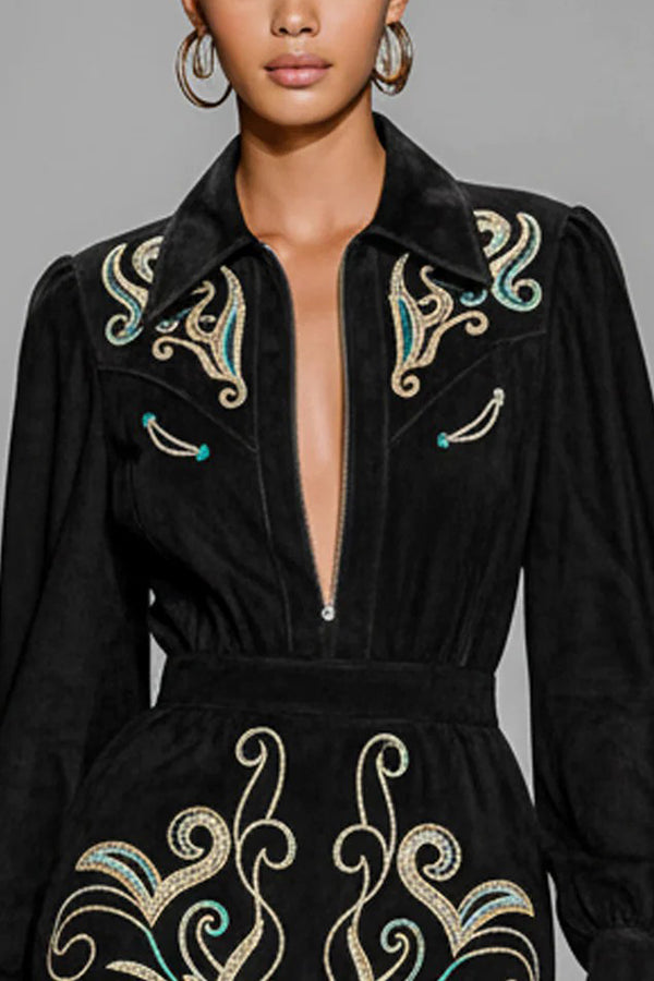 Embroidered Floral Pattern Long-sleeved Fitted Waist Mini Dress