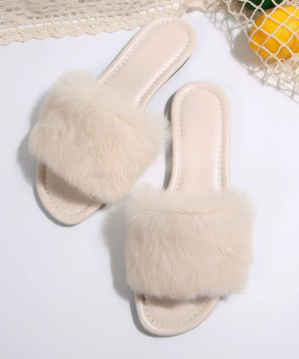 White Splicing Fuzzy Fur Fluffy Slippers Shoes Peep Toe