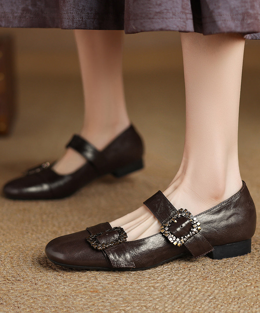 Brown Buckle Strap Splicing French Sheepskin Flat Shoes