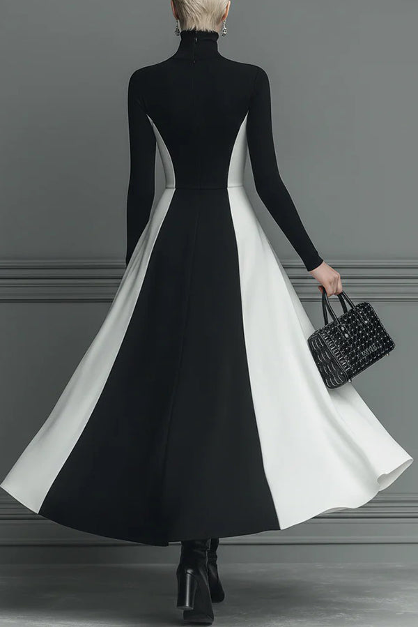 Color-blocked Turtleneck Long-sleeved Slim-fit Midi Dress