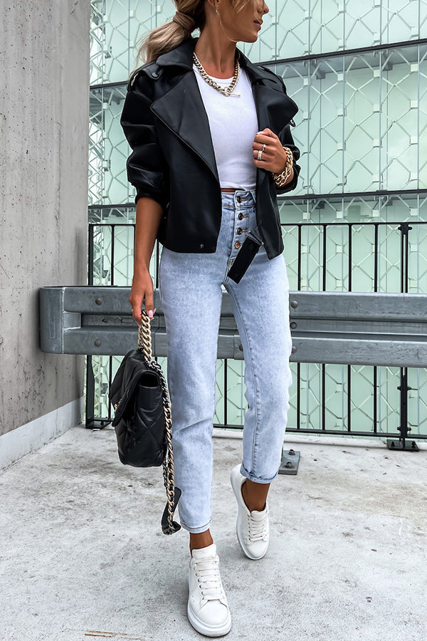 Leather Lapel Pocket British Style Cropped Jacket