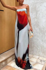 Passionate wine glass flower abstract tulip print H-shaped casual long dress