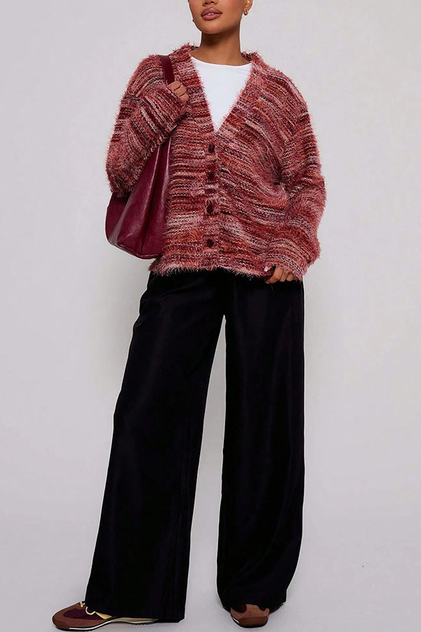 Mixed Color Loose V-neck Casual Knit Cardigan