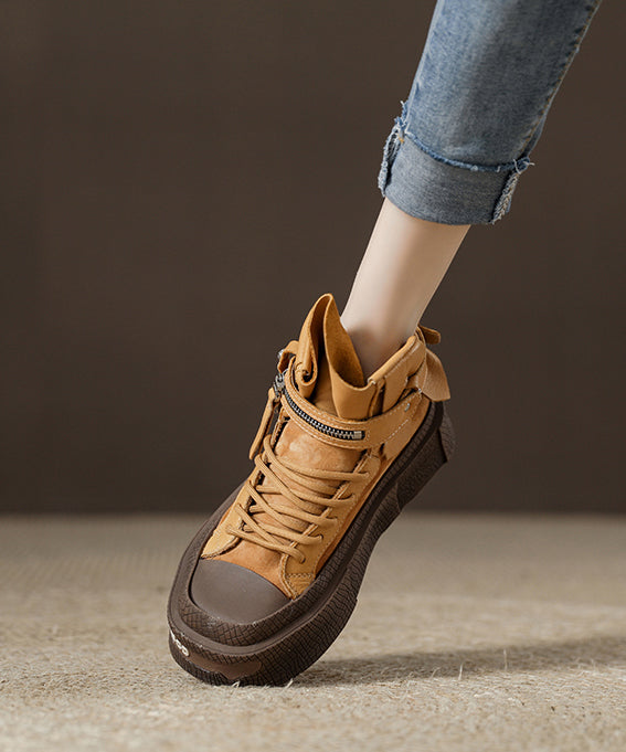 Chocolate Cowhide Leather Splicing Boots Lace Up