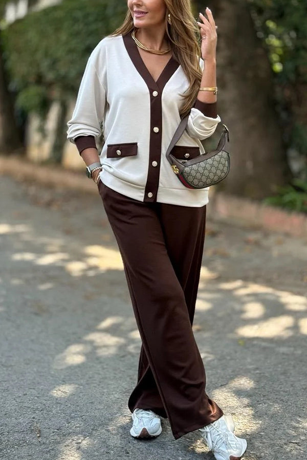 Color-blocked V-neck Knitted Button-down Cardigan and Elastic Waist Casual Wide-leg Pants Set