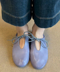 Blue Cowhide Leather Lace Up Splicing Flat Shoes Women