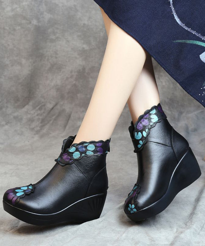 Splicing Wedge Boots Blue Floral Cowhide Leather