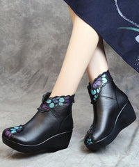 Splicing Wedge Boots Blue Floral Cowhide Leather