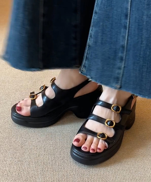 Splicing Platform Sandals Black Faux Leather Peep Toe