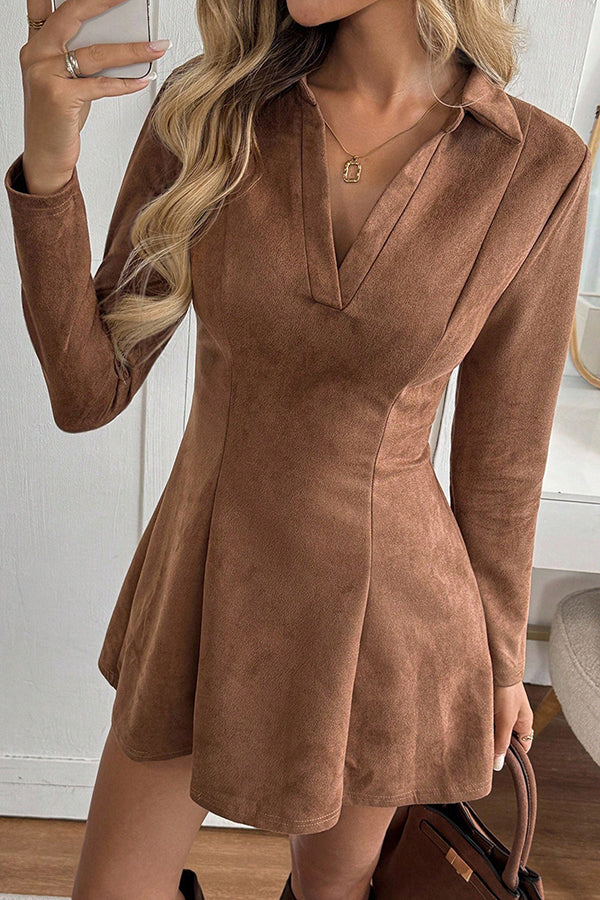 Suede Collared Long-sleeved Slim-fit Mini Dress