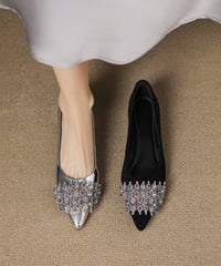 Black Suede Unique Splicing Flats Pointed Toe Zircon