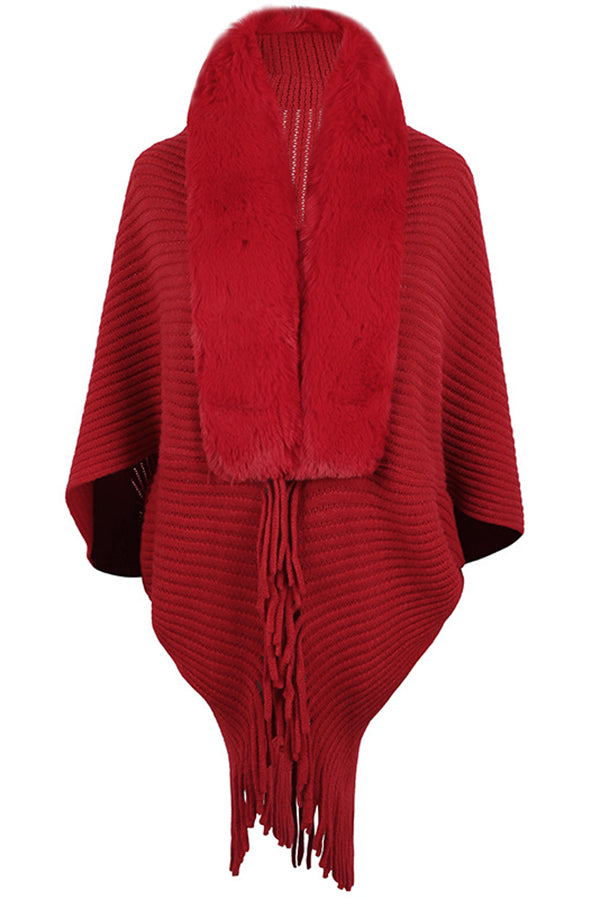 Fur Collar Tassel Hem Knitted Shawl Cape