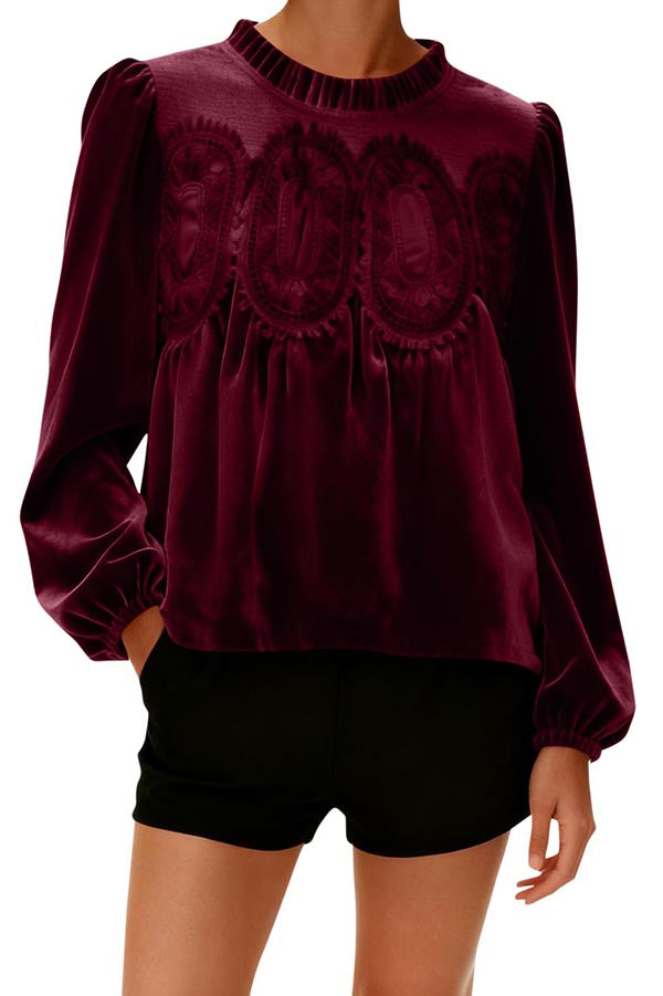 Velvet and Lace Patchwork Loose Long-sleeved Top