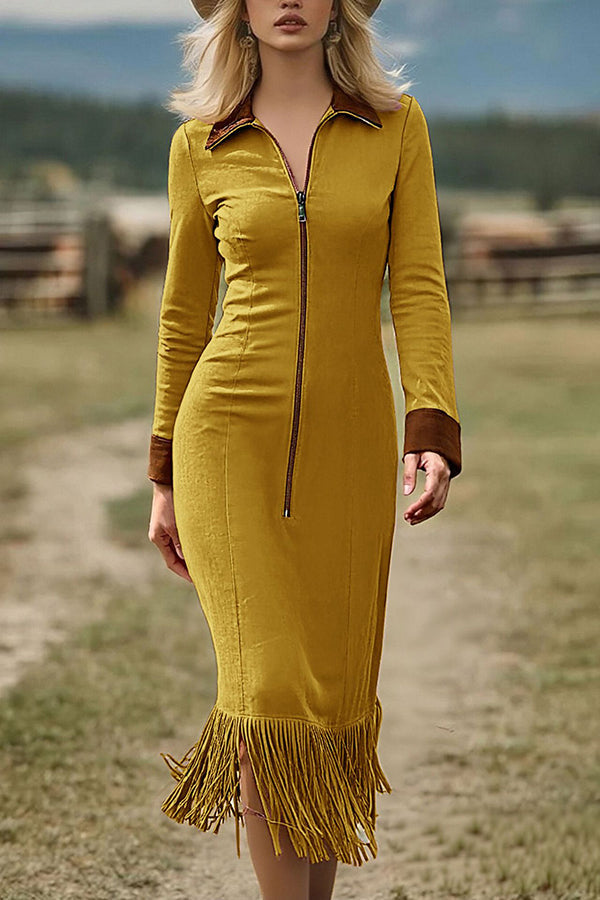 Suede Zipper Long-sleeved Fringed Hem Slim-fit Midi Dress