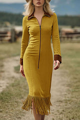 Suede Zipper Long-sleeved Fringed Hem Slim-fit Midi Dress