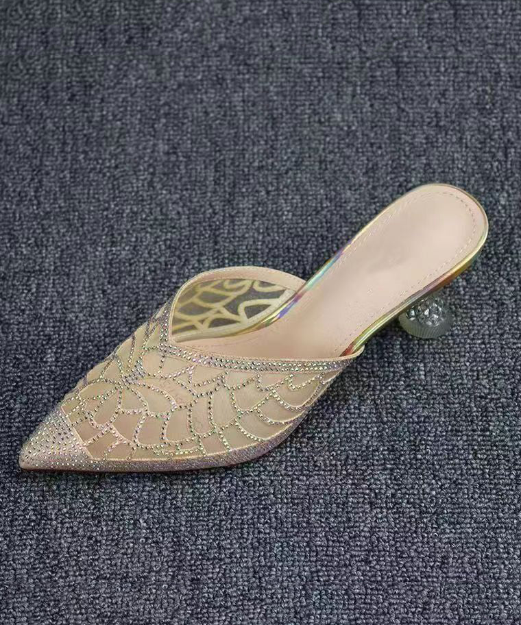 Gold Hollow Out Zircon Pointed Toe Slide Sandals