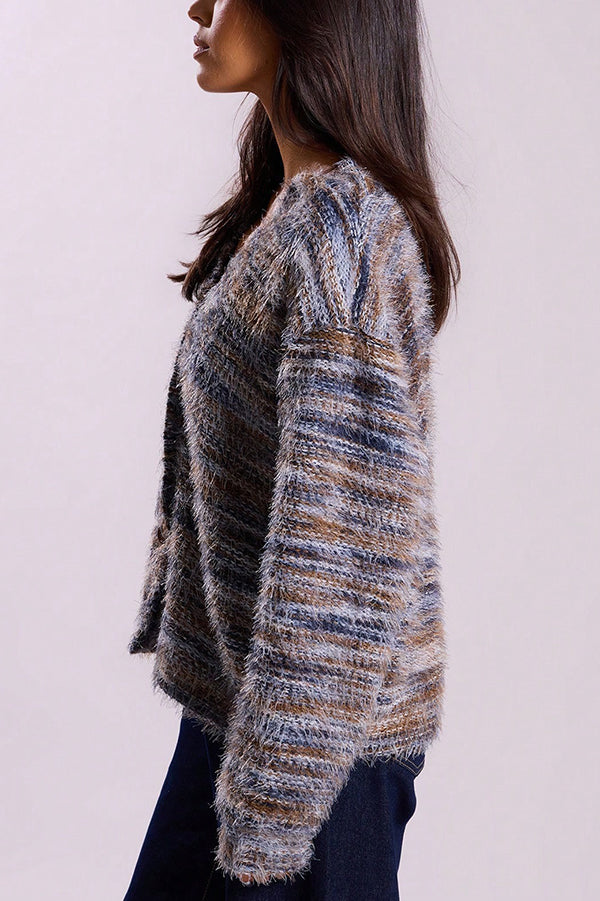 Mixed Color Loose V-neck Casual Knit Cardigan
