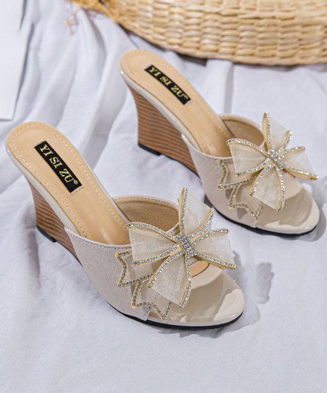 Stylish Splicing Wedge Heels Slide Sandals Black Bow Peep Toe