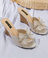 Stylish Splicing Wedge Heels Slide Sandals Black Bow Peep Toe