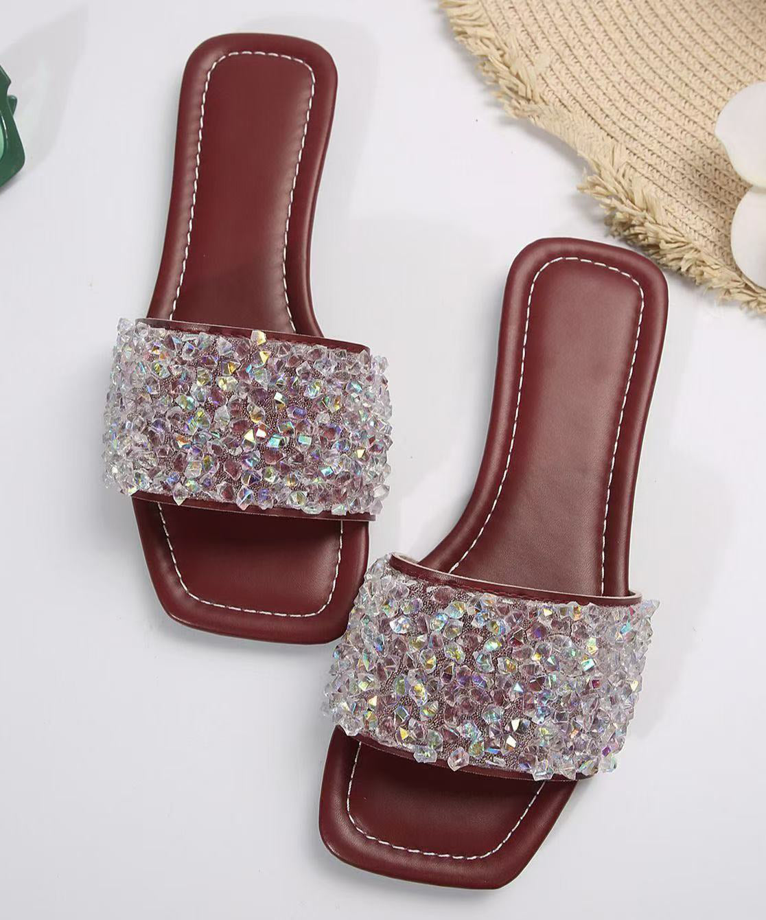 Beautiful Sequins Splicing Wine Red Faux Leather Slide Sandals