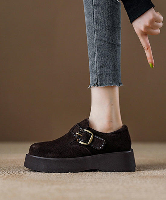 Caramel Suede Platform Flat Shoes For Splicing Buckle Strap