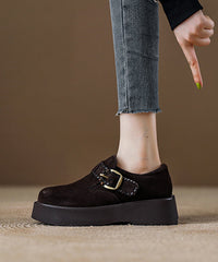 Caramel Suede Platform Flat Shoes For Splicing Buckle Strap