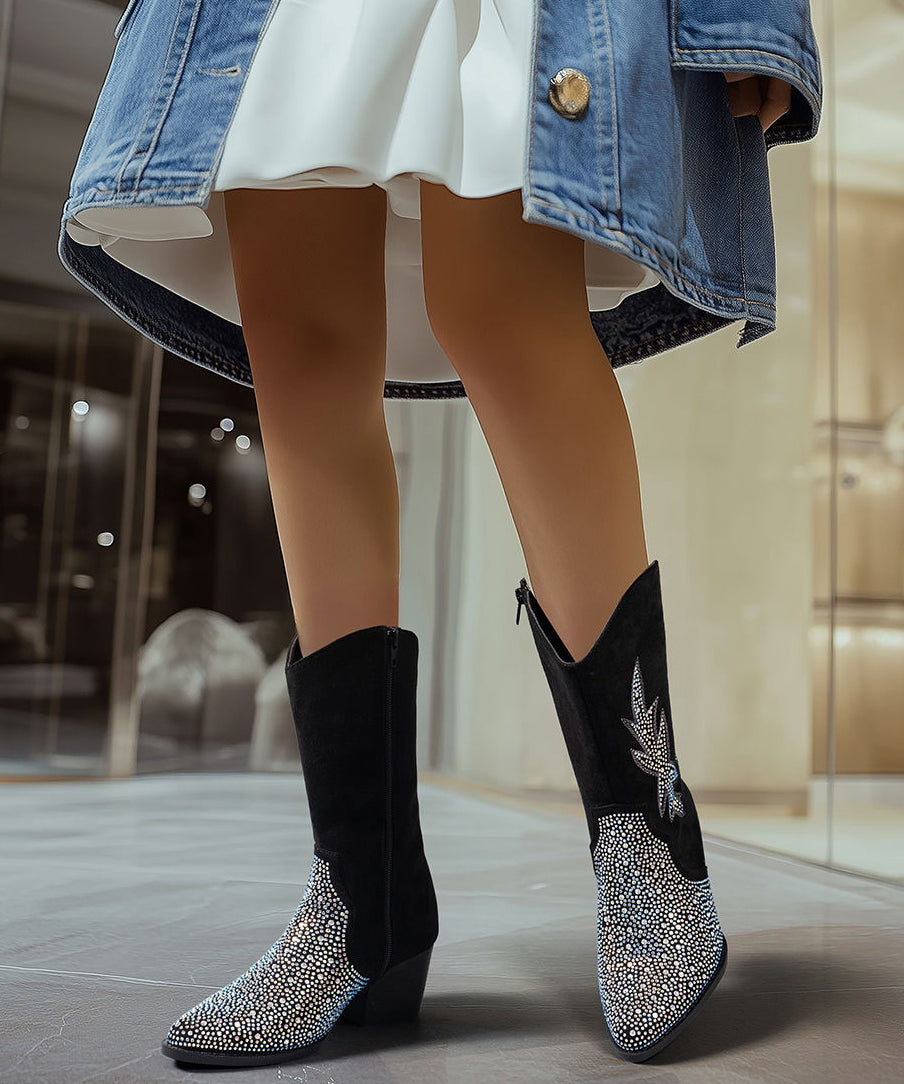 Handmade Black Zircon Zippered Suede Pointed Toe Chunky Boots