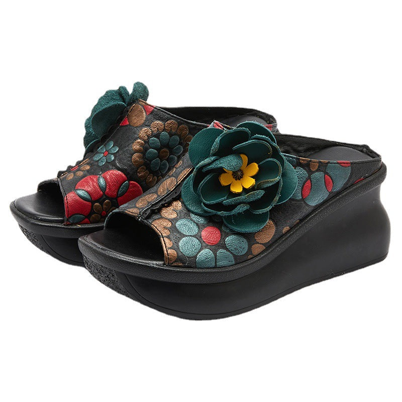 Leather Vintage Wedge Slippers