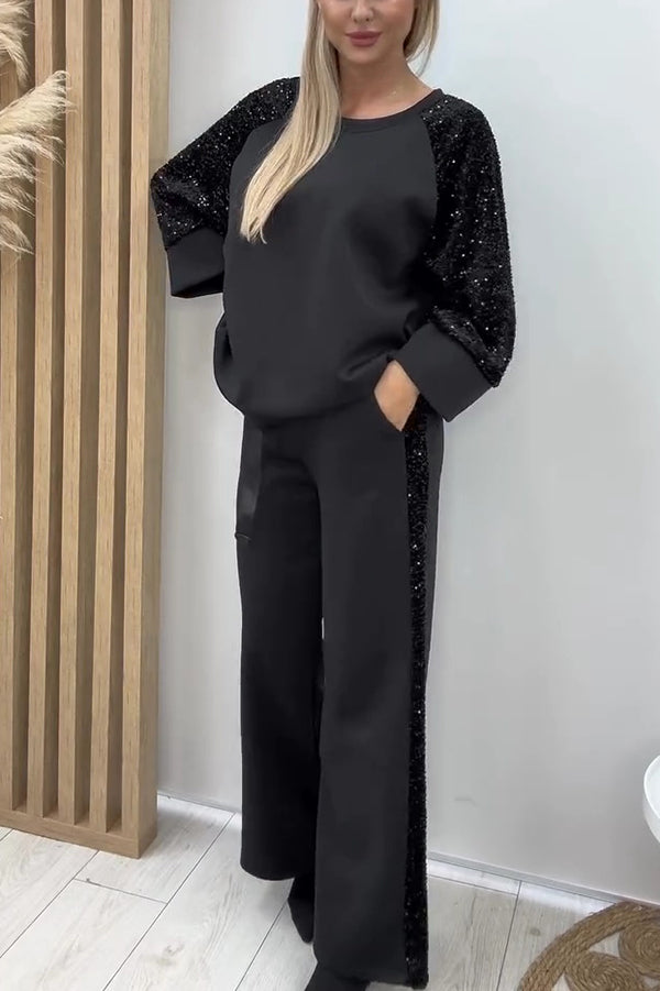 Sequined Loose-fitting Crew Neck Top and Casual Pocket Wide-leg Pants Set