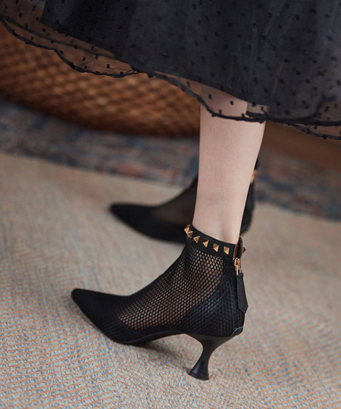 Breathable Mesh Black Rivet Splicing Boots Pointed Toe
