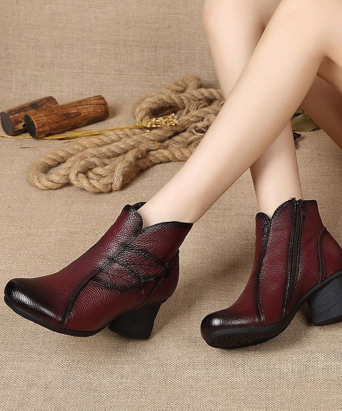 Splicing Chunky Boots Black Cowhide Leather