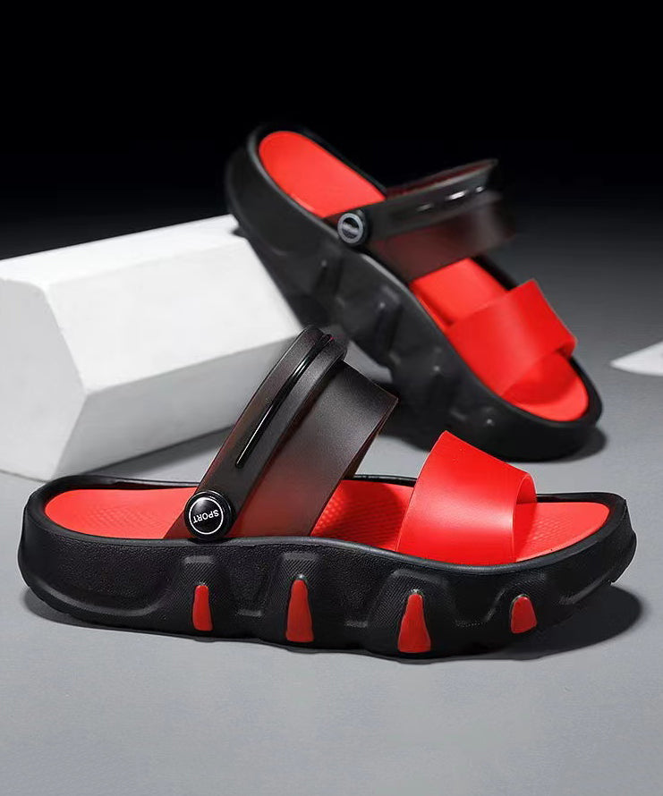 Comfy Black Red Beach Peep Toe Slide Sandals
