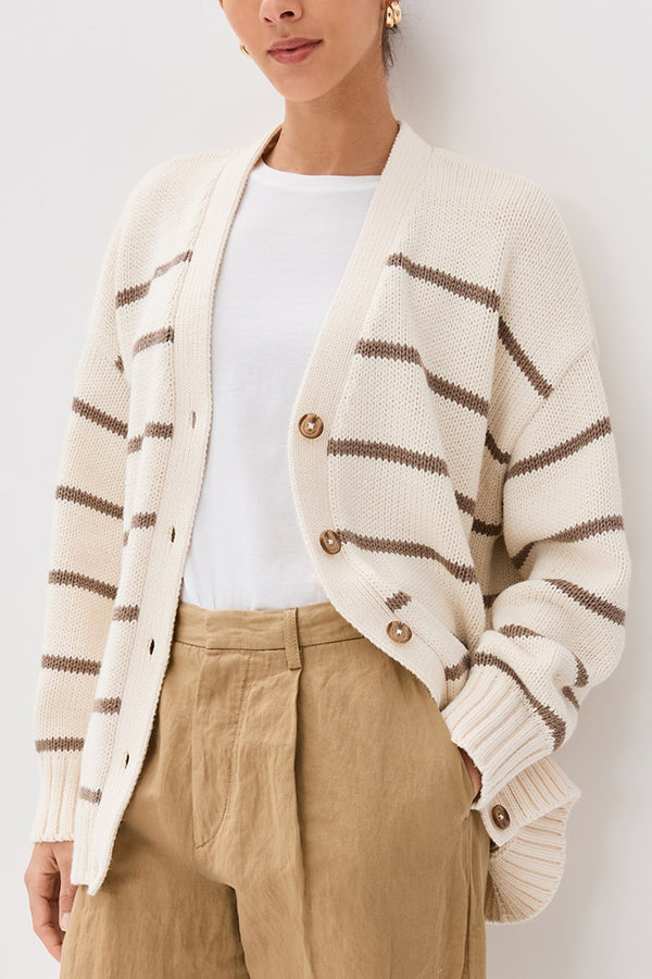 Striped Loose V-neck Long-sleeved Casual Knit Cardigan