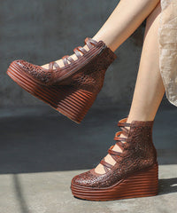 Retro Coffee Cowhide Hollow Out Splicing Cross Strap High Wedge Heels Shoes