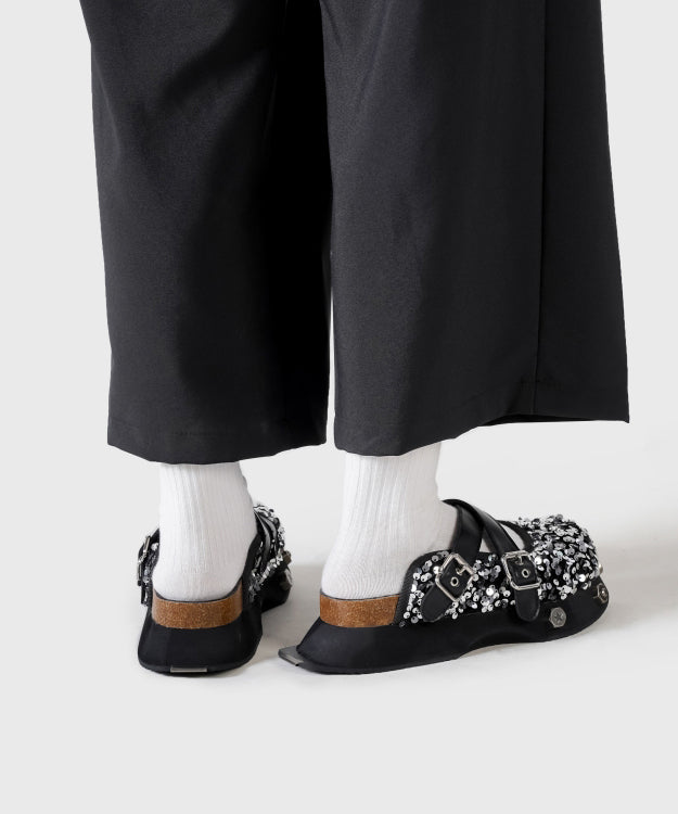 Platform Slide Sandals Black Cowhide Leather Sequins