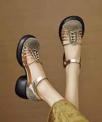Stylish Apricot Hollow Out Splicing Chunky Heel Sandals
