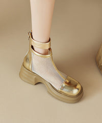 Silk Chunky Cowhide Leather Breathable Mesh Splicing Boots