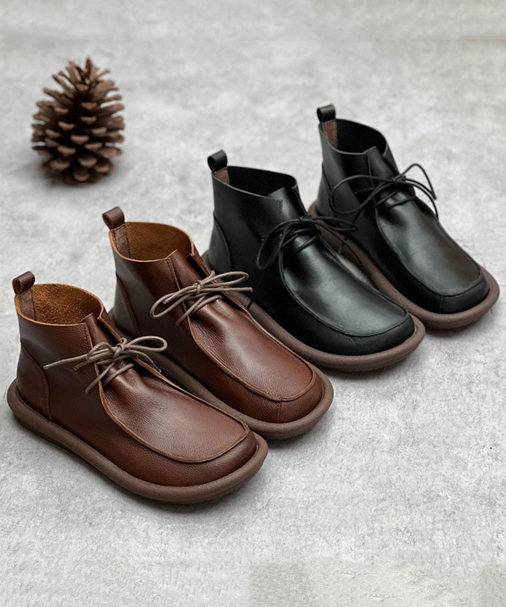 Retro Lace Up Boots Coffee Fuzzy Wool Lined Cowhide Leather