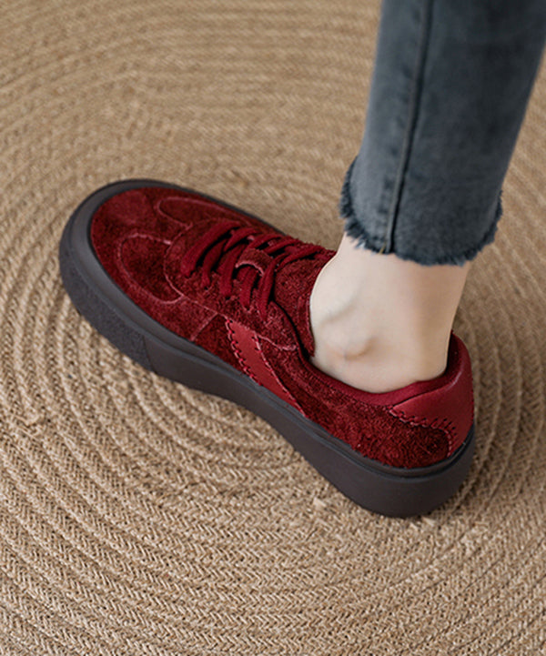 Red Lace Up Suede Splicing Casual Platform Flat Shoes
