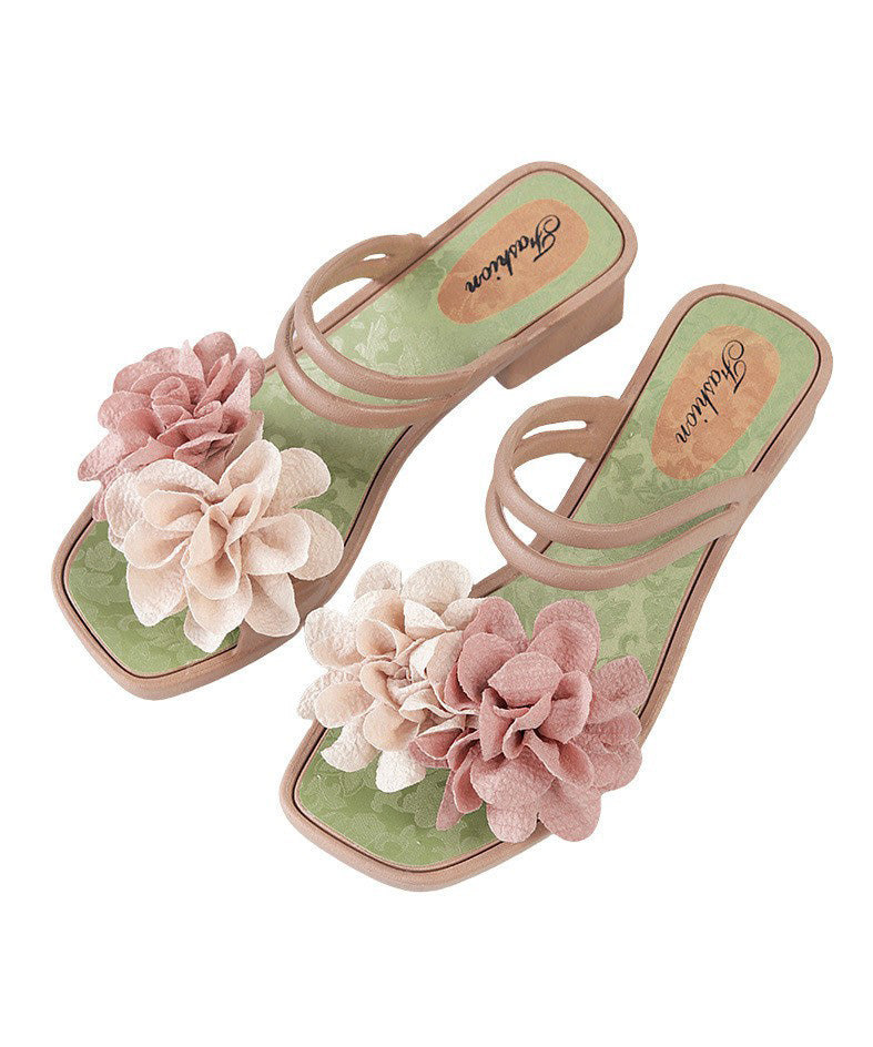 Green Floral Splicing Chunky Slide Sandals Peep Toe