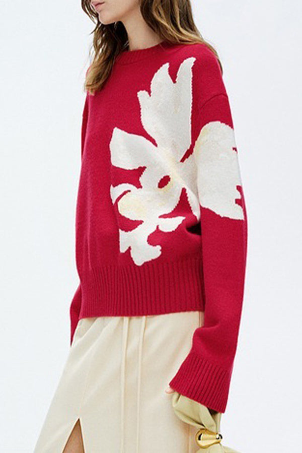 Color-blocked Floral Loose Long-sleeved Knit Sweater