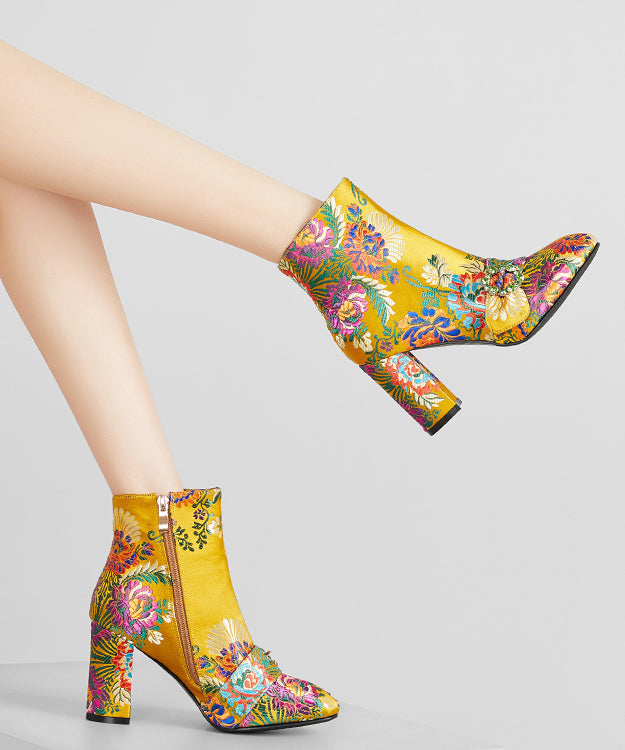 Yellow Embroidered Zippered Cotton Chunky Ankle Boots