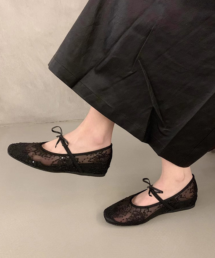 Beige Breathable Mesh Embroidered Flats Splicing Bow