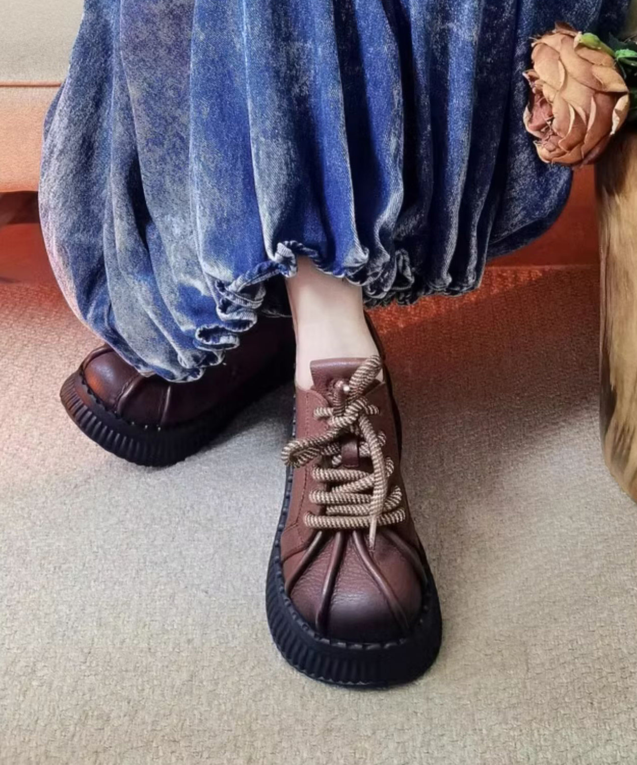 Black Lace Up Splicing Cowhide Leather Platform Shoes