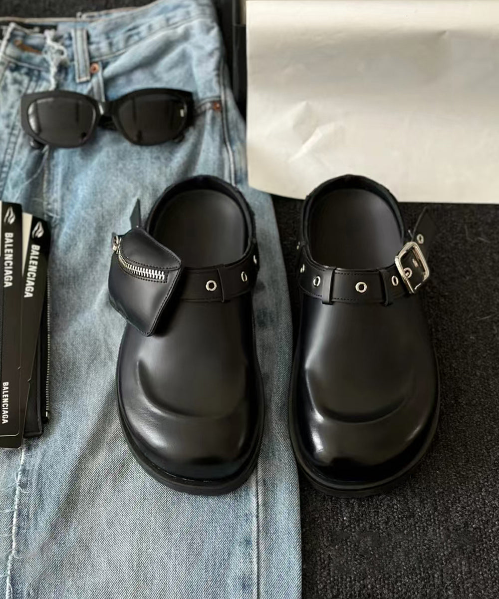 Splicing Platform Black Cowhide Leather Slide Sandals