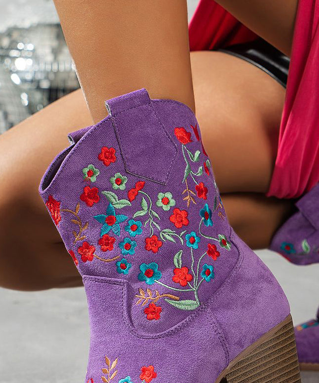 Elegant Purple Pointed Embossed Boots Suede Chunky Ankle Boots
