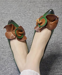Comfy Green Cowhide Leather Pointed Toe Splicing Flat Shoes