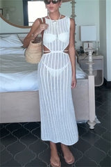 Beach Day Crochet Knit Cutout Waist Coverup Stretch Maxi Dress