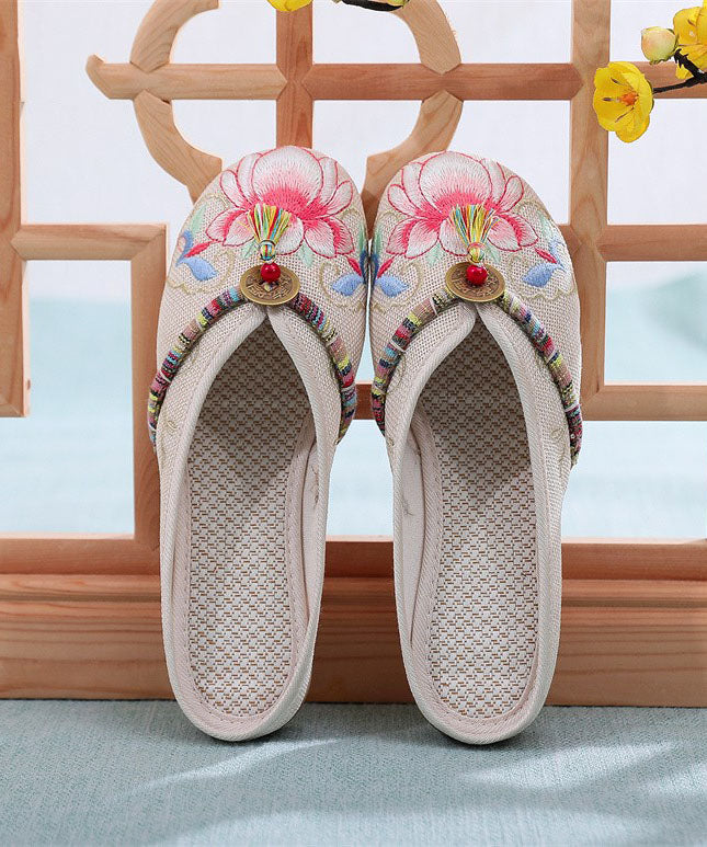 Beige Linen Tassel Embroidery Splicing Flat Slide Sandals